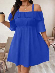SHEIN LUNE Plus Size Women Solid Color Ruffle Off-Shoulder Fashionable Vacation Dress - Royal Blue - View 5