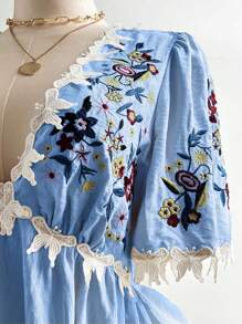 Flirla Plus Size Woven Elegant Casual Embroidered V-Neck Ruffle Hem Dress