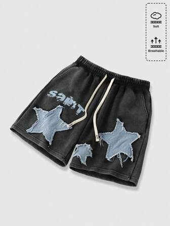 Herren Shorts mit abgenutzter Stickerei-Buchstaben und Kordel-Taillenbund, Streetwear