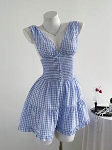 Elamini Blue Plaid V-Neck Jumpsuit With Waist Cinch, Spring/Summer - Blue - View 3