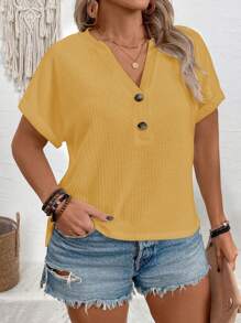 SHEIN VCAY CURVE New Plus Size Women Casual Loose V-Neck Button Short Sleeve T-Shirt
