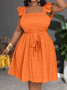 Slaydiva 2025年新款狂欢/复活节服装、老钱风格、乡村音乐会服装、外出服装、仙女风、节日服装、热带度假服装、女士夏季服装、夏季、狂欢、欧洲夏季、春季服装、大码女士西部服装、音乐会、毕业服装、纯色荷叶边收腰袖A字迷你连衣裙、休闲、海滩、性感 - 橘色 - 查看 6