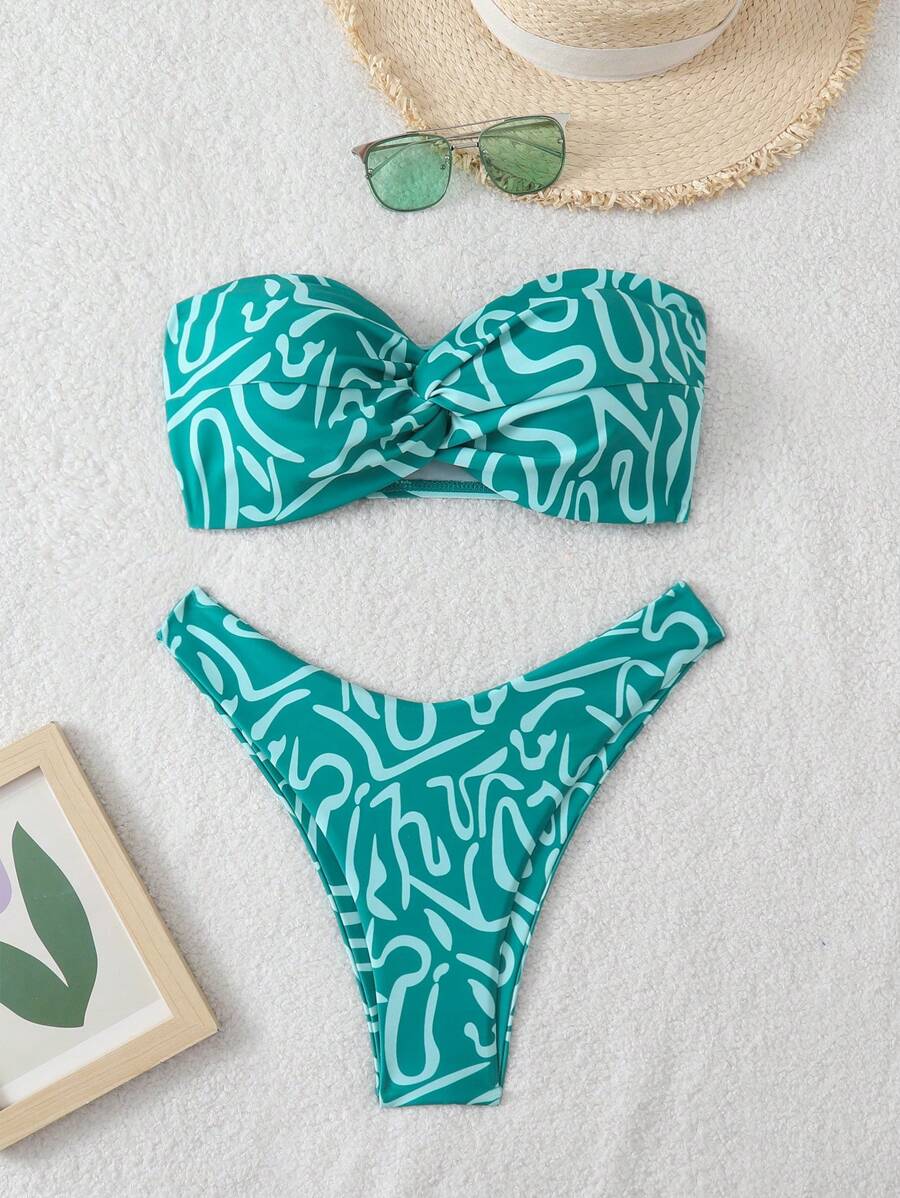 Swim Vcay 春假随机印花吊带扭纹高开叉性感女式比基尼套装 - 綠色 - 查看 1