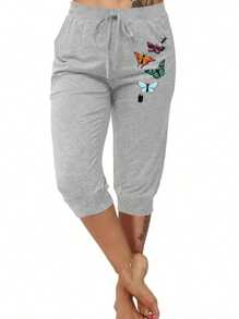 SHEIN LUNE Plus Size Casual Simple Butterfly Print 7/10 Length Pants - Light Grey - View 1
