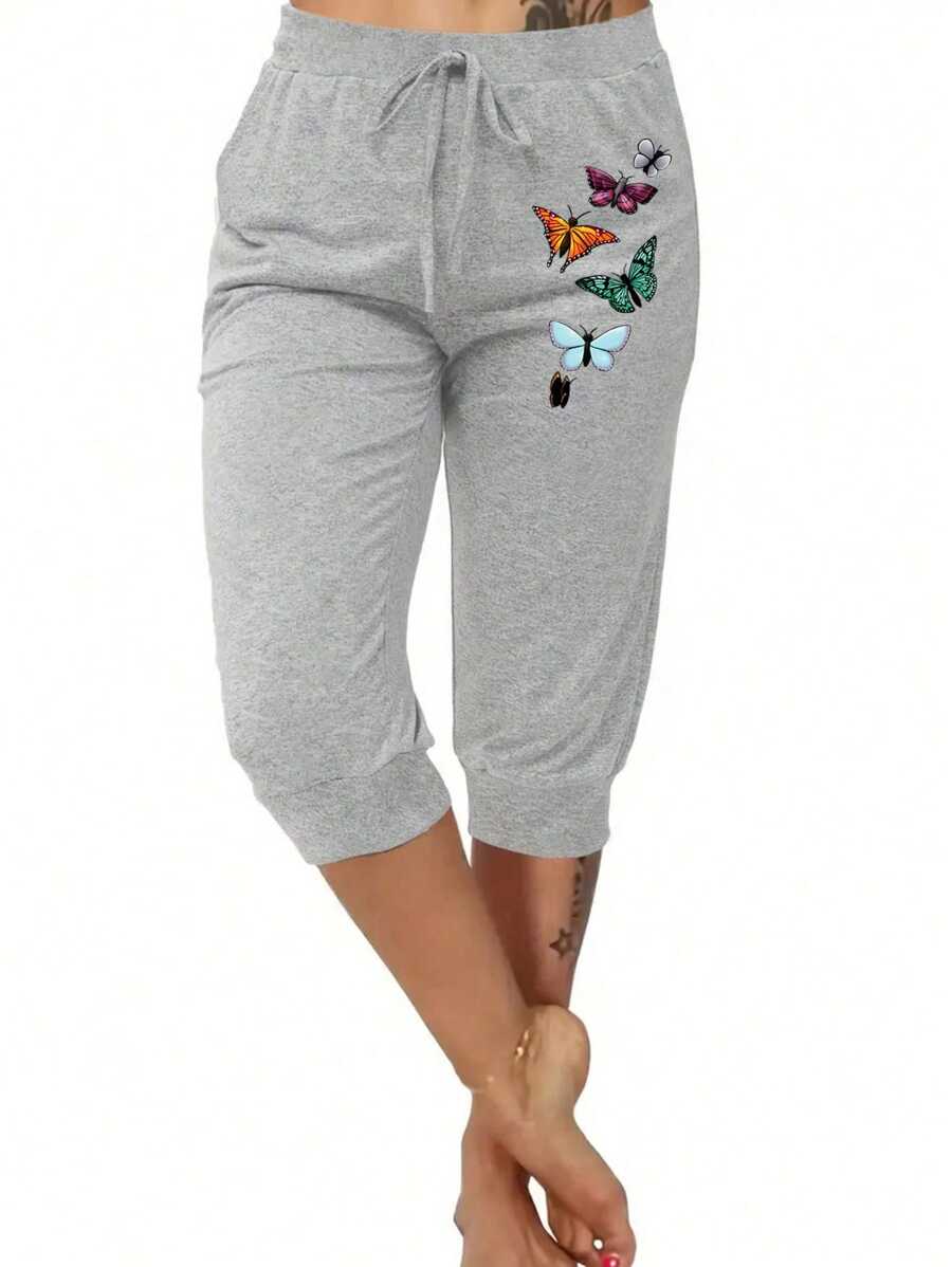 SHEIN LUNE Plus Size Casual Simple Butterfly Print 7/10 Length Pants - Light Grey - View 1