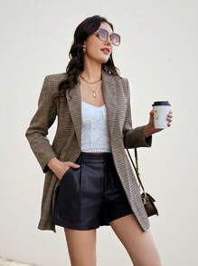 Aveloria Modichic 女式格子印花双排扣缺口领西装外套 - 卡其色 - 查看 4