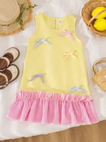 Vestido casual sin mangas de cuello redondo con parches y lazo para niñas, nuevo diseño para primavera y verano