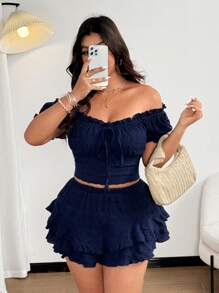 Sunnyshic Ensemble deux pièces grande taille, blouse épaules dénudées sexy avec nœud papillon et shorts, pour sortir, les vacances, la plage