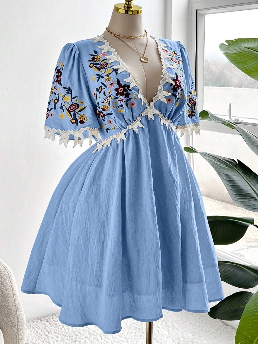 Flirla Plus Size Woven Elegant Casual Embroidered V-Neck Ruffle Hem Dress