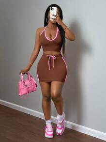 Slaydiva Women Two Pieces Outfits For Daily Wear Island Vacation Outfits - Brown - View 4