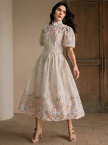 Anewsta Váy mùa hè in hoa lãng mạn thanh lịch dành cho nữ - Màu be - Xem 4