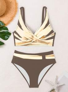 Conjunto de bikini de verano con cuello en V cruzado y bloques de color - Multicolor - Ver 1