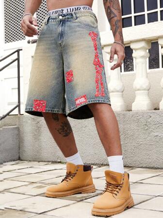 Street Life Pantalones cortos vaqueros para hombres con bordado de patrón de flor de anacardo