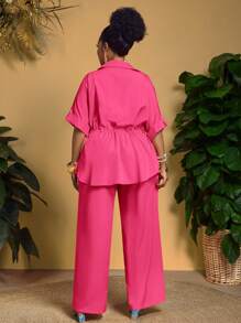 Slaydiva Plus Size Women 2pcs Set Elegant Commuting & Vacation Chest Pocket Cinched Waist Shirt And Pants - Hot Pink - View 2