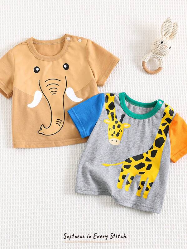 Cozy Pixies Neugeborenen Baby Jungen/Mädchen 2 Stücke Set mit Cartoon Tier Muster, weicher Rippstrick mit Rundhalsausschnitt und Kurzarm