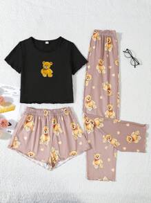 3pcs Girls Teen Outfit Set - Black Top With Cute Bear Graphic, Brown Bear Print Long Pants And Shorts, Short Sleeve, Spring/Summer Homewear - Multicolor - View 1