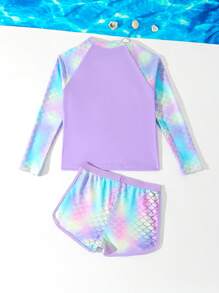 SHEIN 青少年女孩美人鱼分体泳衣套装，可爱海滩度假泳装，女孩长袖泳衣