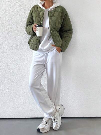 Aveloria Affinna Casaco de inverno casual geométrico com gola redonda e bolsos acolchoados, com isolamento sintético de poliéster e isolamento sintético