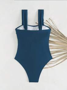 SHEIN Swim Lushore Đồ bơi một mảnh tối giản dây bèo nhún màu trơn Springbreak dành cho nữ, lễ hội Boho - Màu xanh hải quân - Xem 2