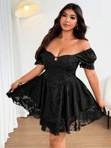 Sunnyshic Plus Size Jacquard Weave Puff Sleeve Elegant Resort Dress