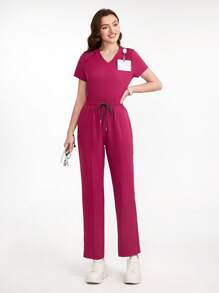 Scrubzie Solid Color Short Sleeve & Long Pants Scrub Uniform Set - Red Violet - View 5
