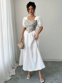 Rafferiza Floral Contrast Color Square Collar Casual Elegant Holiday Concert Western Ladies Spring/Summer Long Dress - White - View 6