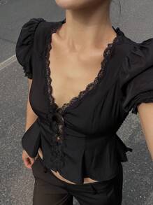 DAZY Women Summer Black Contrast Lace V-Neck Puff Sleeve Blouse Babydoll Top Y2k