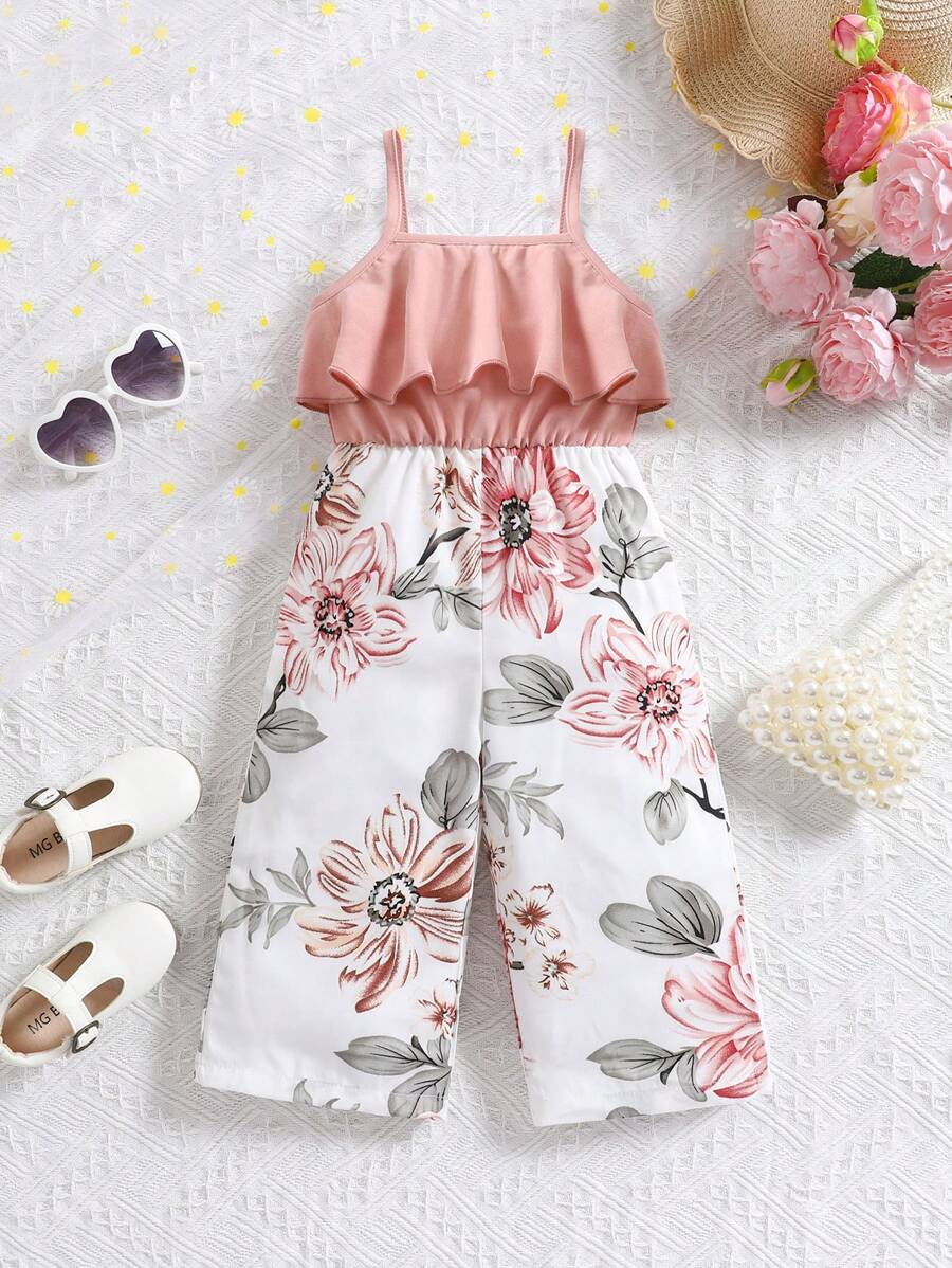 SHEIN Bộ đồ liền thân không tay in hoa dễ thương cho bé gái, mùa hè - Nhiều màu - Xem 1