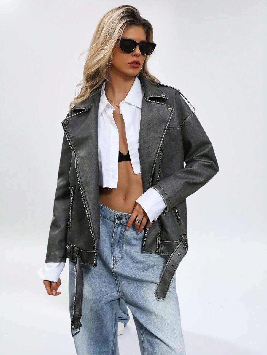 SHEIN ChicEase Chaqueta de estilo vintage con motocicleta, con correa en el hombro y decoración con cremallera para mujer - Gris Oscuro - Ver 1