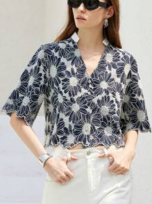 Aveloria Modichic Crop top femme blocs de couleurs ajouré avec broderie - Multicolore - Voir 3