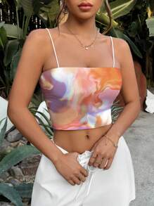 SV Pattern Studio Women's Marble Tie Dye Floral Printed Fitted Cami Tank Top For Summer - Pink - View 3