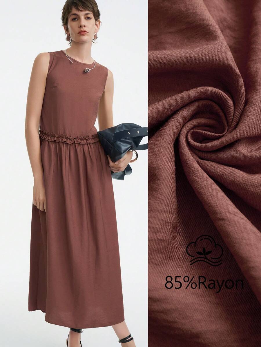 Aalyst Sleeveless Round Neck Ruffle Pleated Loose Lining Dress - Brown - View 1