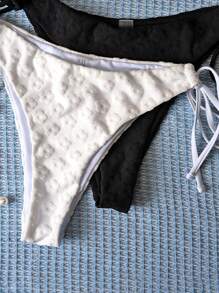 SHEIN Swim 2pcs Women Jacquard Solid Color High Waisted Tie Side Sexy Bikini Bottom, 25SS Summer , Vacation Beachwear - Black and White - View 4