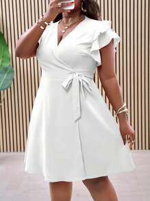Slaydiva Plus Size Red Double Ruffle Wrap-Around Side Tie Waist A-Line Dress, Spring/Summer Resort,Sun Dresses For Women - White - View 7