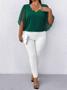 Elenzga Blusa casual con colletto in pizzo e maniche trasparenti in chiffon, taglie forti