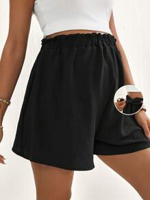 SHEIN Pregnant Women's Solid Color Adjustable Waist Wide Leg Loose Casual Shorts - Black - View 1