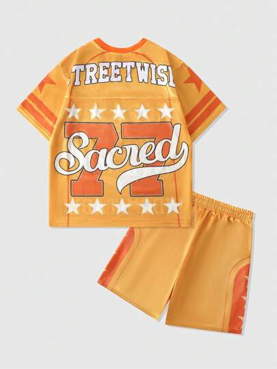 Street Life 1Set Men's Jersey Shiny Fabric Contrast Mesh Sports T-Shirt And Shorts Track Suit