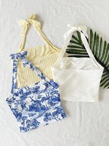 SHEIN Tween Girl 3pcs Commuter Casual Knitted Halter Sleeveless Top Set - Multicolor - View 4