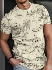 Manfinity RSRT Men's Palm Tree Print Round Neck Short Sleeve T-Shirt, Casual - White - View 1