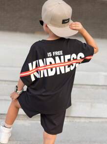 SHEIN 2pcs Boys Casual Versatile Back-Print Graphic Tee & Shorts Set - Black - View 10