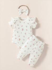 SHEIN Baby Girl Floral Print Ruffle Trim Bodysuit & Trousers & Headband - White - View 1