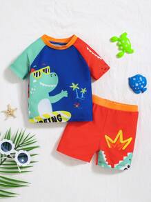 SHEIN 2pcs Baby Boy Cartoon Dinosaur Pattern Round Neck Raglan Sleeve Top And Elastic Waist Shorts Swimsuit Set - Multicolor - View 8