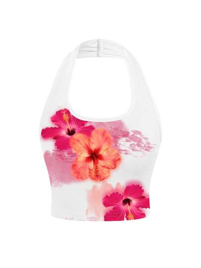 Mari Primo studio Y2K Large Floral Pattern Cut-Out Halter Crop Top For Women, Suitable For Beach Vacation