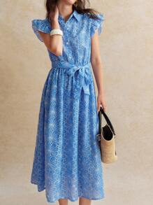 Écloséra 时尚日常百搭花卉刺绣镂空领荷叶边袖前开中长连衣裙，适合女士，春夏季