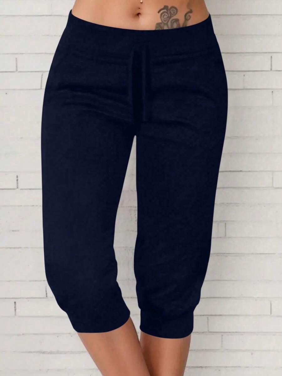 Pantalones capri casuales y versátiles de unicolor con cordón en la cintura para mujeres de talla grande