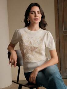 Anewsta Elegant, Casual, Easter, Festival, Vacation Outfits For Women, Vintage-Inspired Star Embroidery Chic Modern Short Sleeve Top, T-Shirt, Blouse For Spring & Summer Festival, Graduation
