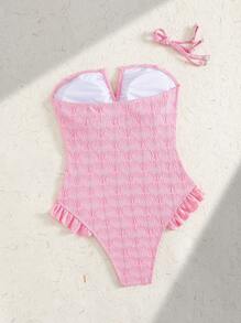 SHEIN 女士性感V型剪裁提花面料细肩带抹胸式连体泳衣，适合夏季度假穿着