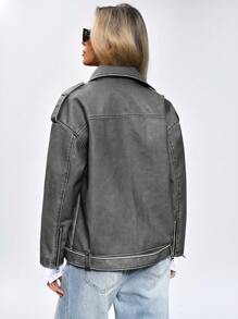 SHEIN ChicEase Chaqueta de estilo vintage con motocicleta, con correa en el hombro y decoración con cremallera para mujer - Gris Oscuro - Ver 4