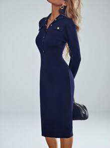 Aveloria Modichic Vintage Lady Fitted Button Decor Sweater Dress  Fall Winter Cloth For Women - Royal Blue - View 3