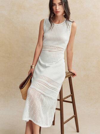 Écloséra 女士纯色圆领无袖镂空针织连衣裙